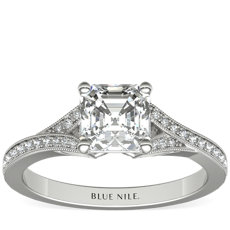 Milgrain and Pave V-Shank Diamond Engagement Ring in 14k White Gold (0.13 ct. wt.)